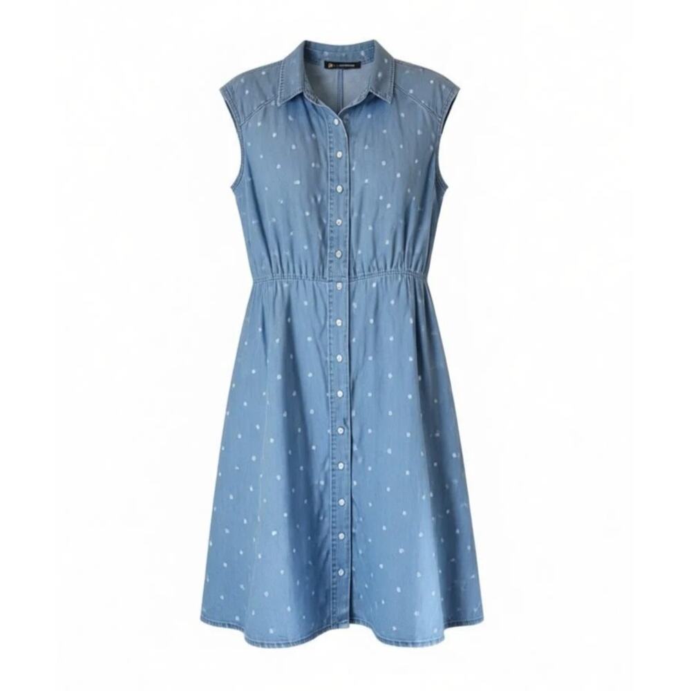 Joules Blue White Polka Dot Linen Dress Size 2 Sleeveless Button Front Midi